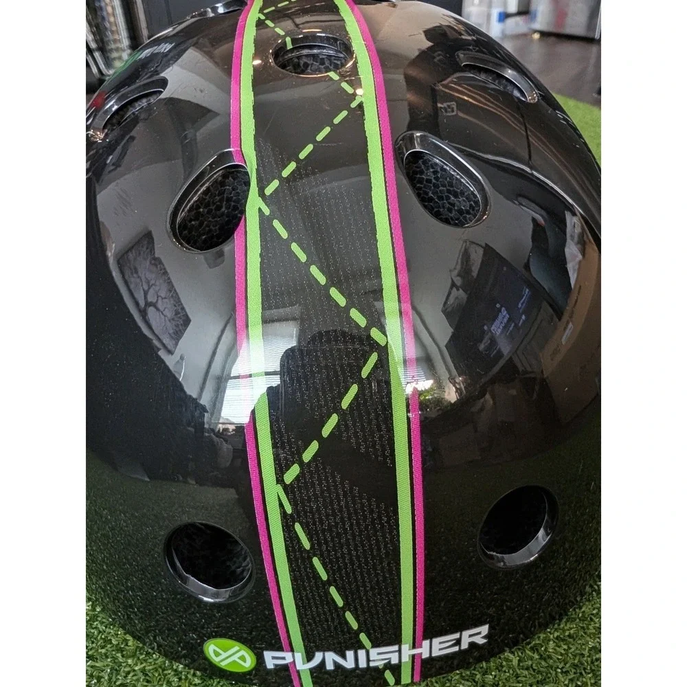 Punisher Jinx Skateboard/Skate Helmet Black with Pink & Green Graphic Design